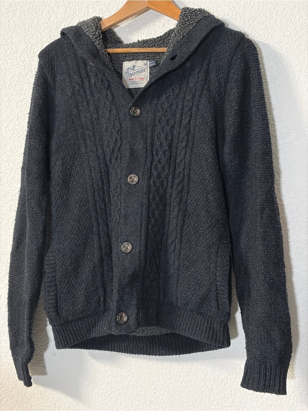 Topman Dark Charcoal Hooded Cable-Front Cardigan Faux suede Elbow patch sleeves.